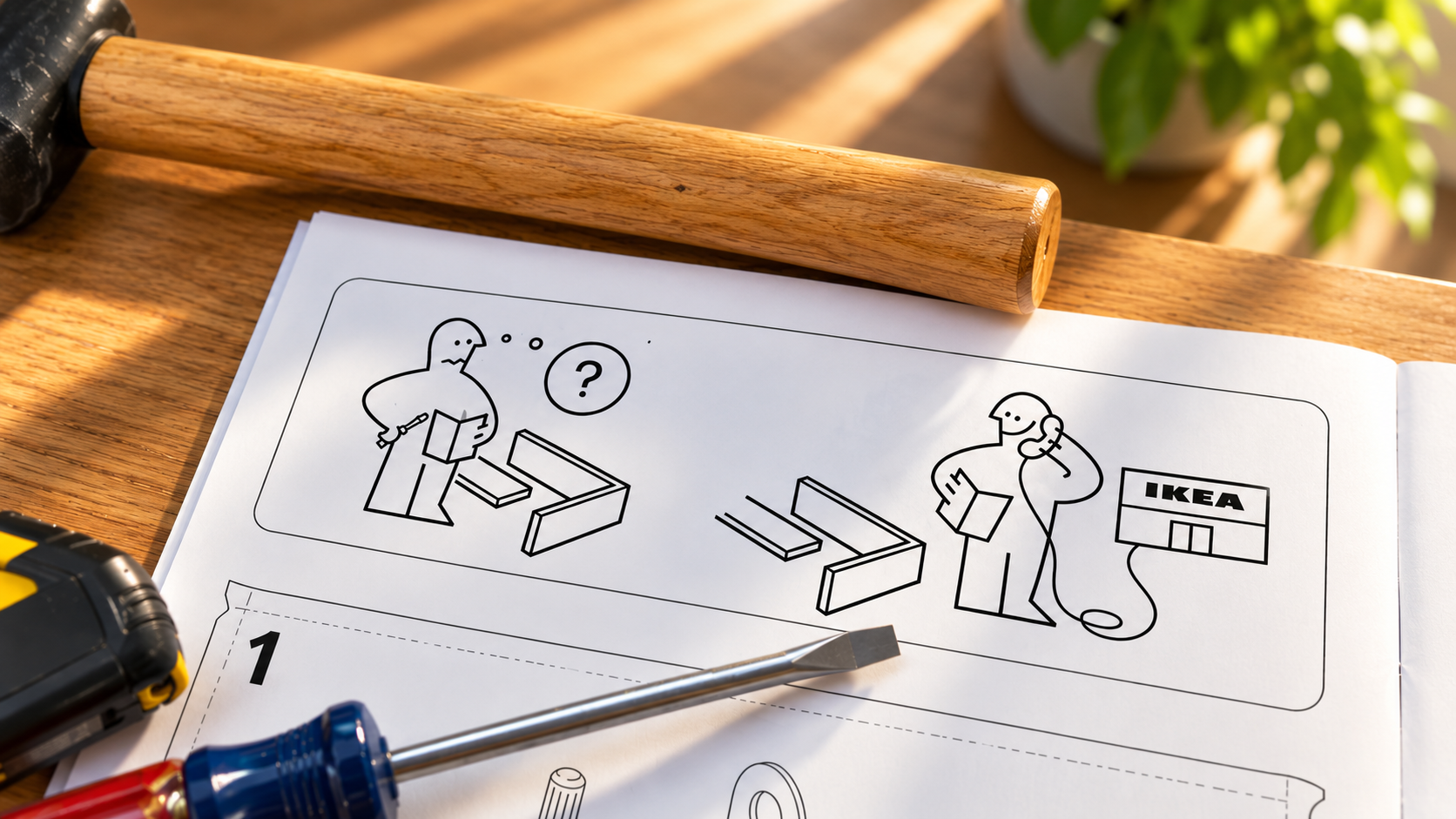 An IKEA instruction booklet open on a wooden floor to the page before step one: a cartoon of a puzzled person with a question mark holding the instructions, then the same person on the phone with the IKEA store